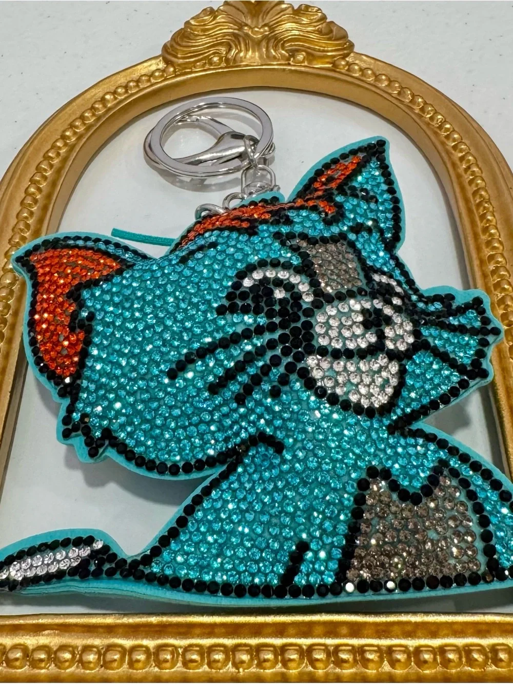 New Turquoise Crystal Cat Keychain with Orange Accents